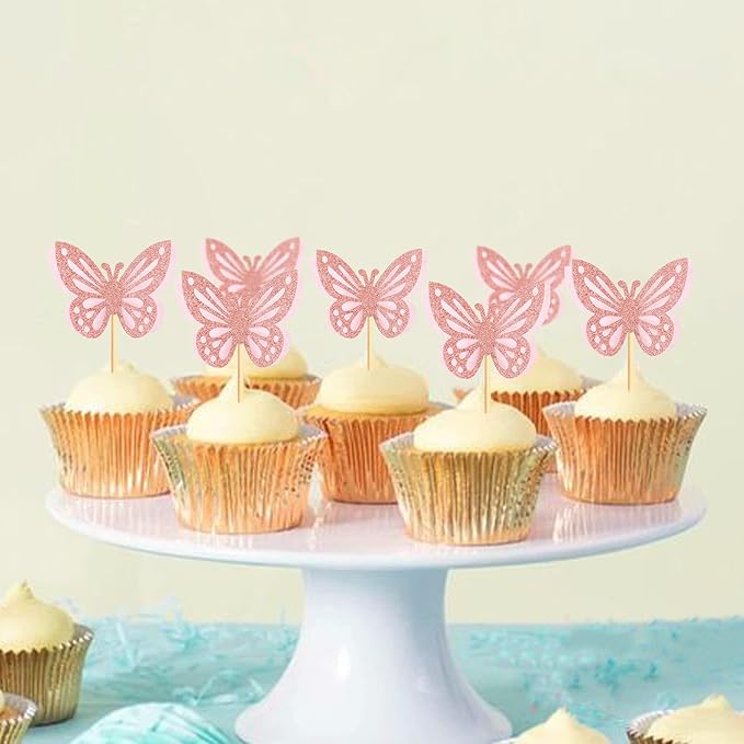 24PCS Butterfly Cupcake Toppers 3D Double Layers Hollow Cupcake Picks Baby Shower Cake Decorations Supplies for Butterfly Theme Wedding Anniversary Baby Shower Light Pink