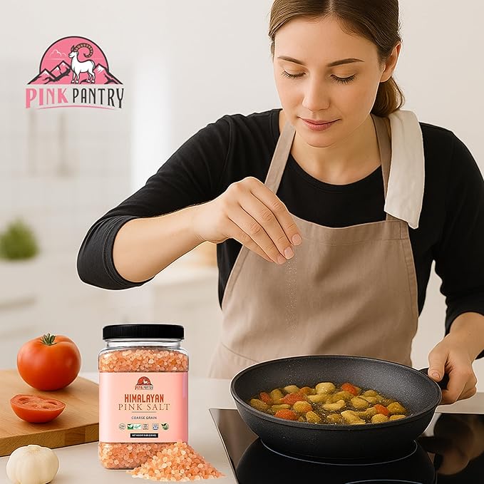 Pink Pantry Himalayan Pink Salt, 100% Pure Himalayan Salt, Non-GMO, Kosher Certified, No Additives, Ideal for Cooking, Seasoning & Gourmet Dishes, Rich in Trace Minerals, 5lb Jar, Coarse Grain