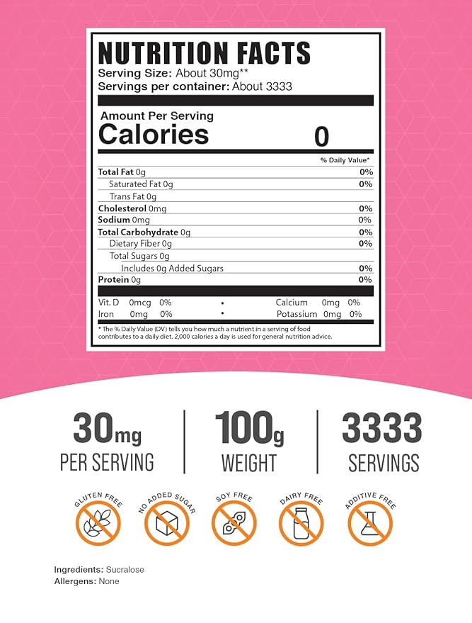BulkSupplements.com Sucralose Powder - Sucralose Sweetener, Sugar Substitute for Baking - Zero Calorie Sweetener - Pure & Gluten Free, 30mg per Serving, 100g (3.5 oz) (Pack of 1)