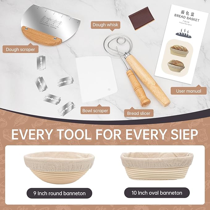 Banneton Bread Proofing Basket, 9" Round & 10" Oval Sourdough Bread Baking Supplies, Bread Making Supplies Tools, with Bread Lame, Danish Whish, Bowl Scraper, Sourdough Scraper, and Linen Liners