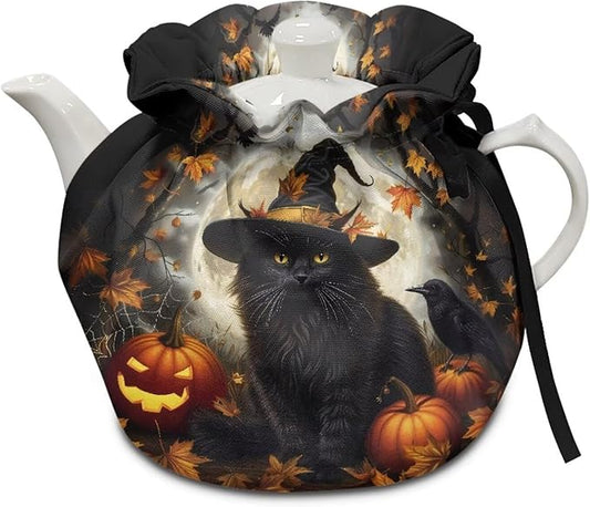 Black Cat Tea Cozy for Teapot Insulated Pumpkin Tea Cozies Covers for Halloween Day Resuable Teapot Insulation Cover with Drawstring,Designed in England Breakfast Warmer