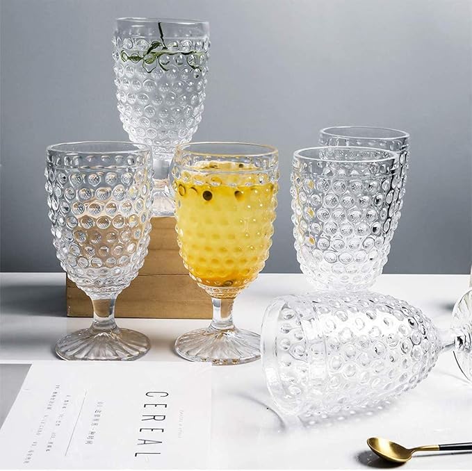 Hobnail Drinking Glasses Goblet Water set of 6, 13 oz Iced Tea Glasses Ideal for Soda Wine Milk Coke Juice and Beer Perfect for Weddings Parties Bars