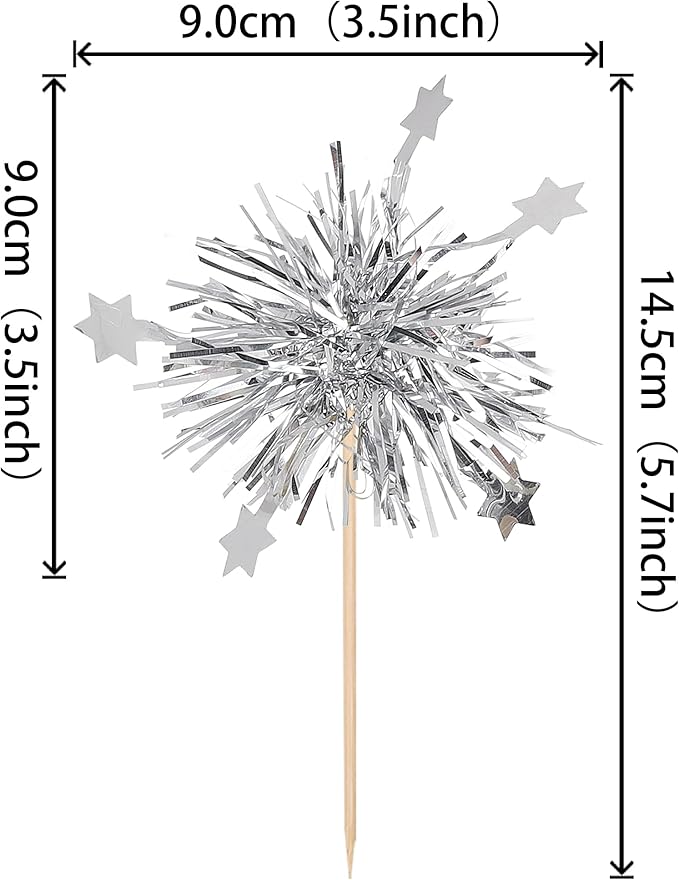 Rsstarxi 30 Pack Foil Firework Cupcake Toppers Sparkle Tinsel Drink Birthday Cake Decorations Cocktail Food Fruit Toothpick for New Years Wedding Birthday Party Decorations Silver