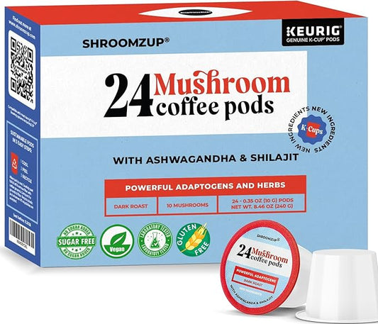 Shroomzup Mushroom Coffee K Cups 24 Pods - 10 Mushroom Coffee with Ashwagandha and Shilajit - Dark Roast Single Serve K-Cup Pods