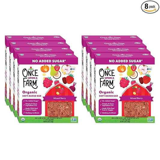 Once Upon a Farm | Organic Mixed Berry Soft Baked Bar | Strawberry, Raspberry, Beet & Oats | Made with Real Fruit & Veggies | No Added Sugar | 8 Boxes