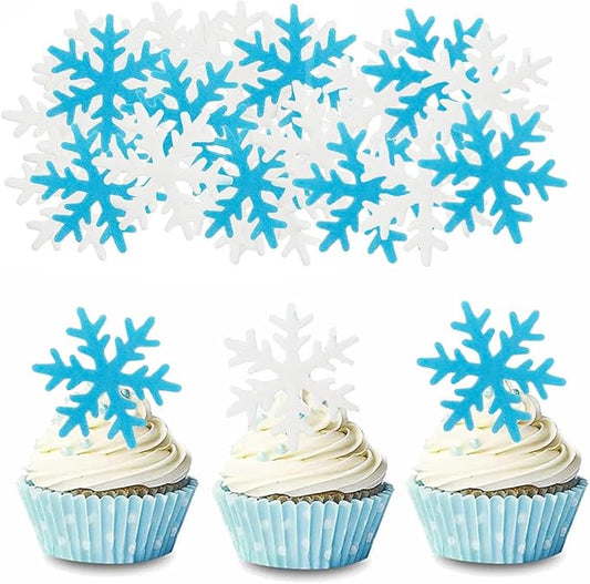 50 Pcs Edible Snowflakes Cupcake Cake Toppers Christmas Winter Theme Party Decoration Supplies White and Blue