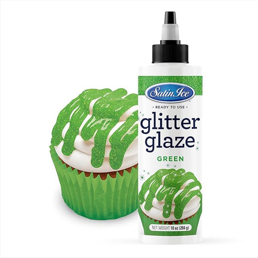 Satin Ice Green Glitter Glaze (10oz Bottle) For Decorating Cakes, Cupcakes, Brownies, and Doughnuts