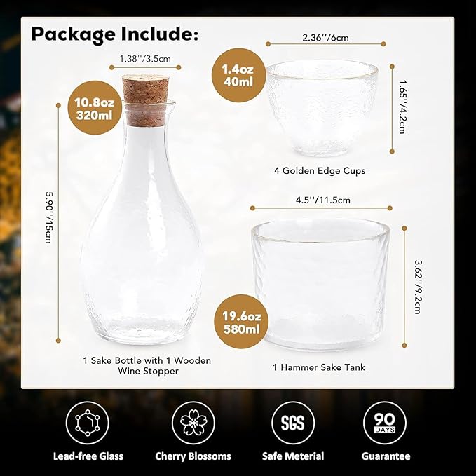 DUJUST Japanese Sake Set for 4, Glass Hammer Pattern in Golden Trim, 1 Crystal Clear Sake Bottle, 1 Sake Tank and 4 Sake Cups, Cold/Warm/Hot Sake Carafe, Special Japanese Gifts Set - 6 pcs