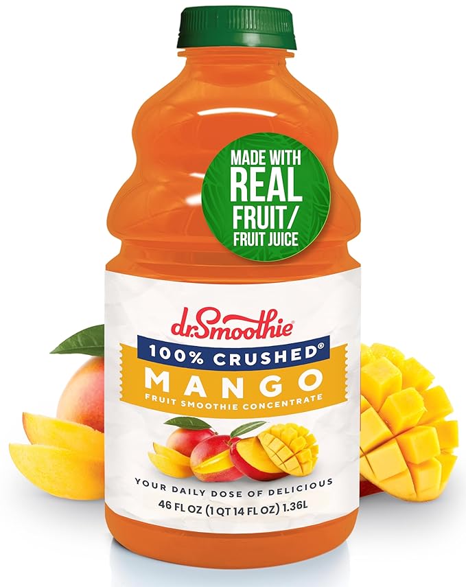 Dr. Smoothie 100% Crushed Mango ??No Added Sugar, Made with Real Fruits/Fruit Juice ??Vegan, No Artificial Colors or Flavors ??Sweet Mango with a Hint of Pineapple & Banana ??46 oz Bottle