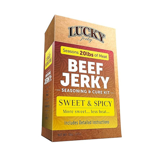 Lucky Jerky Sweet & Spicy DIY Jerky Seasoning Kit - Seasons 20lbs of Meat | Easy-to-Use Kit for Homemade Beef Jerky | Create Delicious, Customized Jerky with Teriyaki, Brown Sugar, and Red Pepper Heat