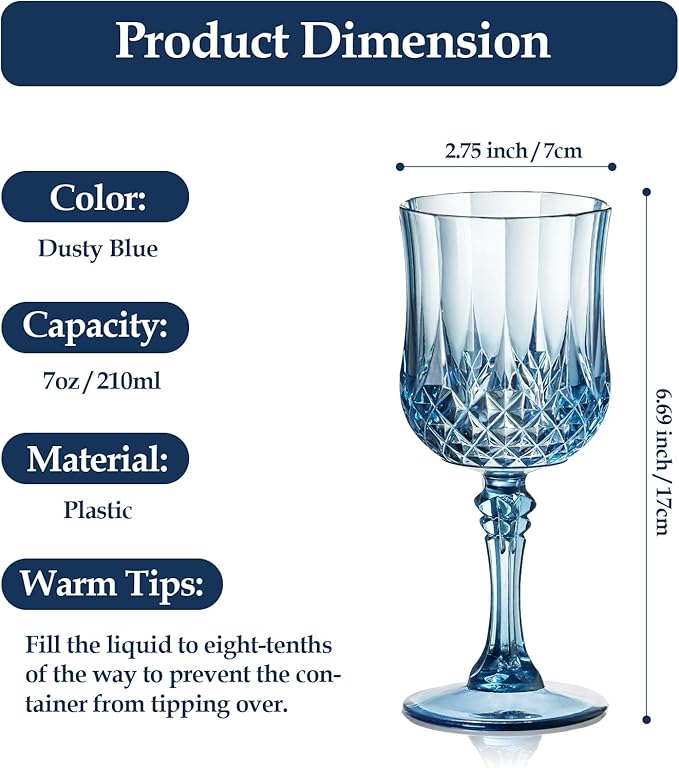 XUWAIDSGN Plastic Vintage Wine Glasses Drinking Glasses Unbreakable Wedding Glassware Crystal Water Goblets Reusable Drinkware Vintage Champagne Flutes (16, Blue)