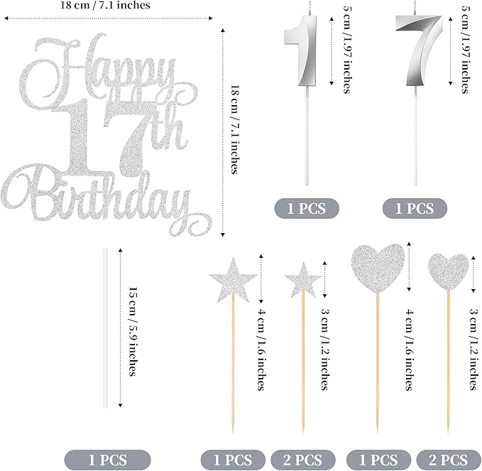 17th Birthday Cake Decorations, 17th Birthday Candles Cake Numeral Candles and Glitter Happy 17th Birthday Cake Toppers Set for Birthday Party Supplies (Silver)