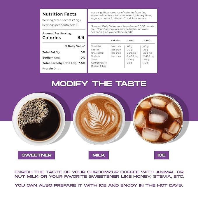 Shroomzup Mushroom Coffee Instant - 15 Single Serve Packets with 4 Mushrooms - Lion’s Mane, Reishi Chaga Cordyceps - Vegan Nootropic Coffee for Energy