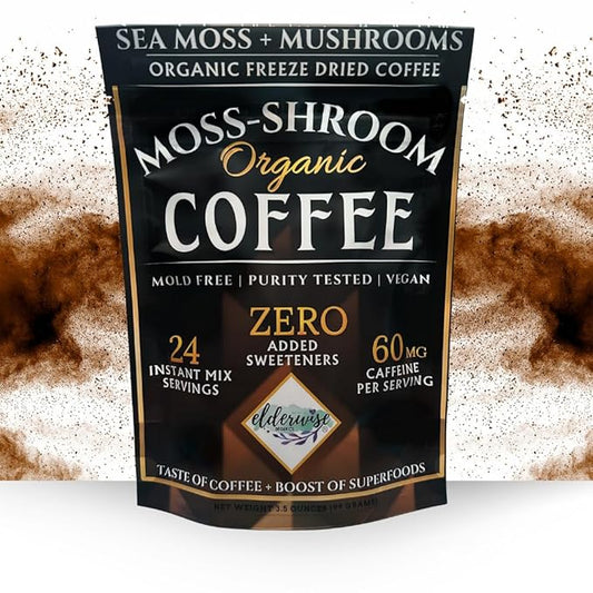 Elderwise Organics Coffee with Mushrooms & Sea Moss - Lion's Mane, Chaga, Reishi & Cordyceps - 24 Servings - Healthy Coffee - Freeze Dried Instant - Chemical free - Fair Trade