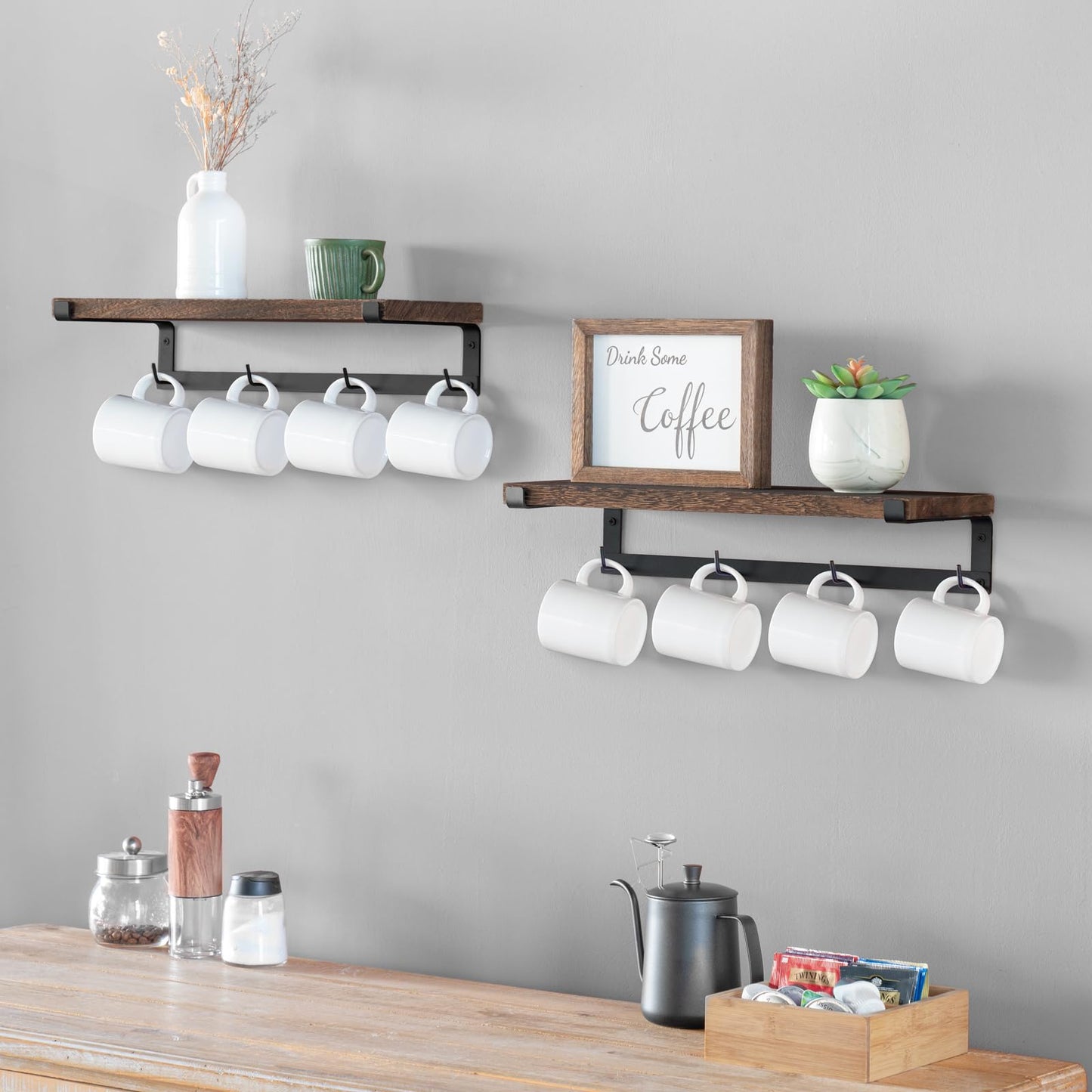 Dahey Coffee Mug Holder Wall Mount with Hooks, 2 Pack Wood Cup Shelf, Brown