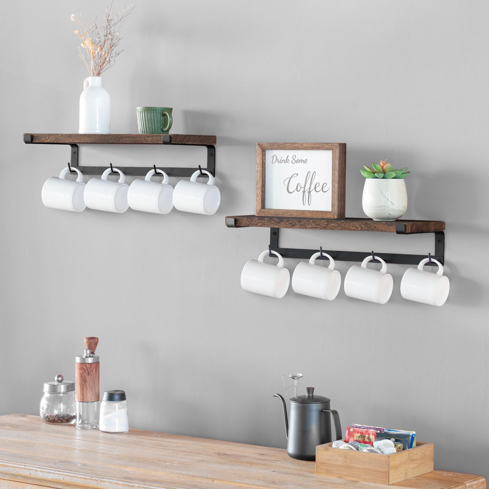 Dahey Coffee Mug Holder Wall Mount with Hooks, 2 Pack Wood Cup Shelf, Brown