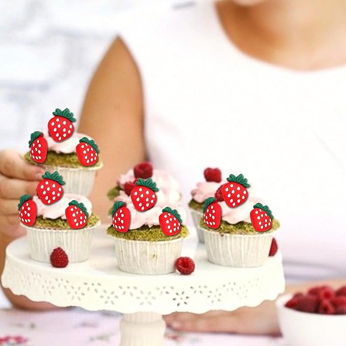 YCTHUNFISH 30 Pack Strawberry Cupcake Toppers Red Glitter Strawberry Cupcake Picks for Fruit Baby Shower Kids Birthday Summer Berry Cupcake Decorations Party Supplies