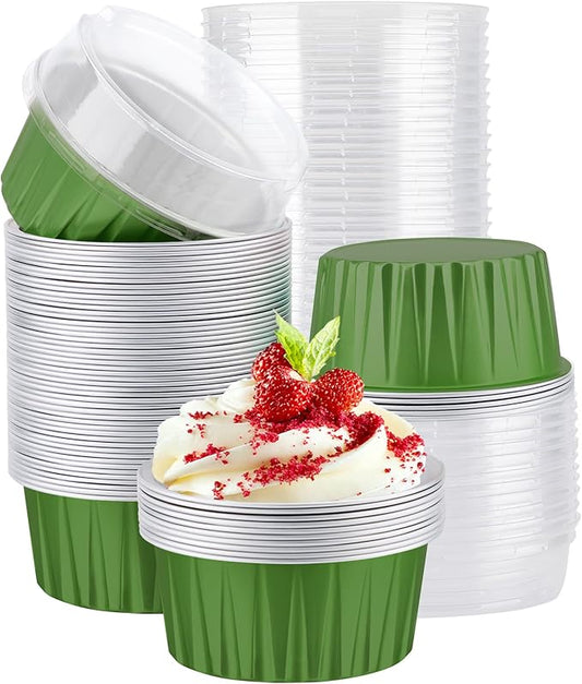 EUSOAR Disposable Ramekins with Lids, 60pcs 5oz Creme Brulee Ramekins Cake loaf Bread Containers Pans, Mini Aluminum Foil Baking Cupcake Liners Cups for Wedding Birthday Party Favor-Dark Green