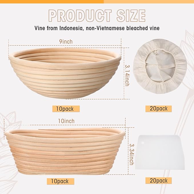 Gejoy 20 Sets Bread Proofing Baskets Bulk Shaped Banneton Dough Proofing Bowls Kit with Cloth Liner and Plastic Scraper Sourdough Proofing Basket for Home Sourdough Bakers (Round, Oval, 9'', 10'')