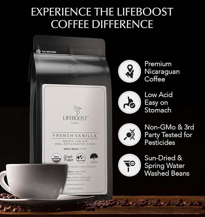 Lifeboost Whole Bean French Vanilla Coffee - Low Acid Single Origin Non-GMO Organic Coffee - Third Party Tested For Mycotoxins & Pesticides - 12 Ounces