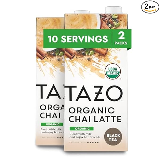 TAZO Organic Chai Latte Concentrate, Hot or Iced Black Tea, Easy-to-Serve, Everyday Lattes and Mocktails, 32 oz Carton (Pack of 2)