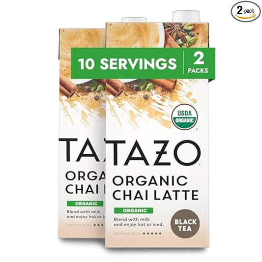 TAZO Organic Chai Latte Concentrate, Hot or Iced Black Tea, Easy-to-Serve, Everyday Lattes and Mocktails, 32 oz Carton (Pack of 2)