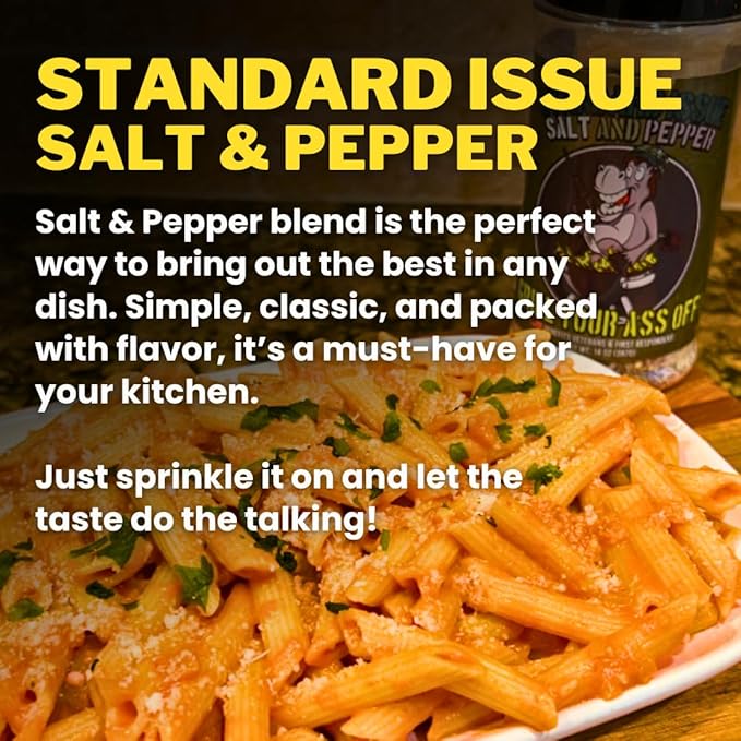 Standard Issue Salt & Pepper by Grill Your As Off - Premium Gourmet Black Pepper & Salt Great for Meat, Poultry, Seafood, Pasta, & Veggies - Use for Marinating - Veteran Owned - 11.5 Oz