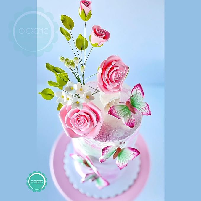 O'Creme Gumpaste Flower Spray, Pink Rose 4x6 - Edible Flowers for Cake Decorating - Flower Decorations for Cakes, Candy, Cupcake Toppers - Birthday Party, Wedding, Valentine's, Baby Shower