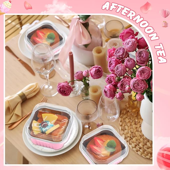 200 Pack 5 oz Square Baking Cups with Lids Aluminum Foil Mini Cake Pans with Lids Disposable Ramekins Tins Dessert Containers Cupcake Pans for Souffle Home Wedding Birthday Party Picnic (Pink)