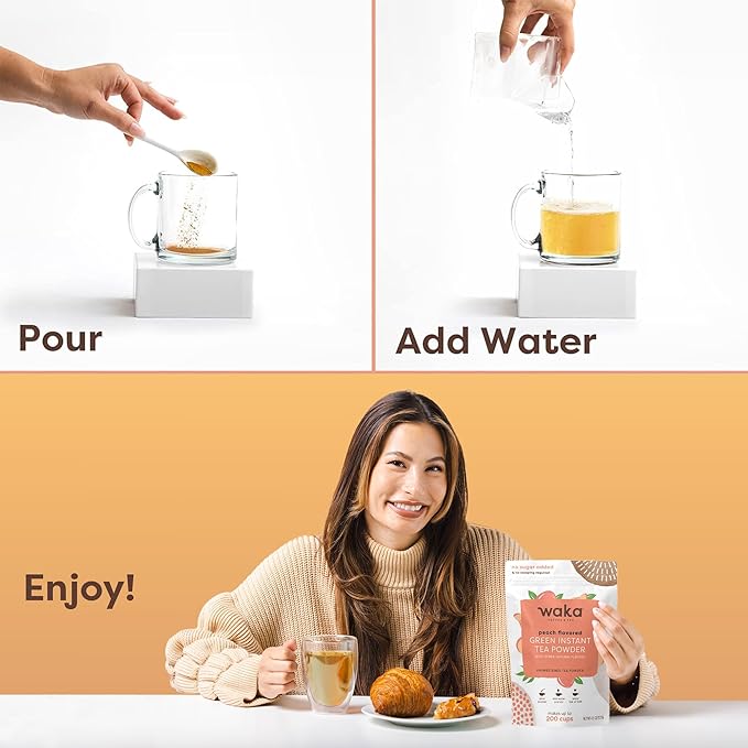 Waka Instant Green Tea Mix, Peach Flavored - 100% Tea Leaves, No Additives, Unsweetened Sample/Travel Size Tea Powder - Easy Quick Hot and Iced Teas, Up to 20 Cups or 5 Quarts (.45oz)