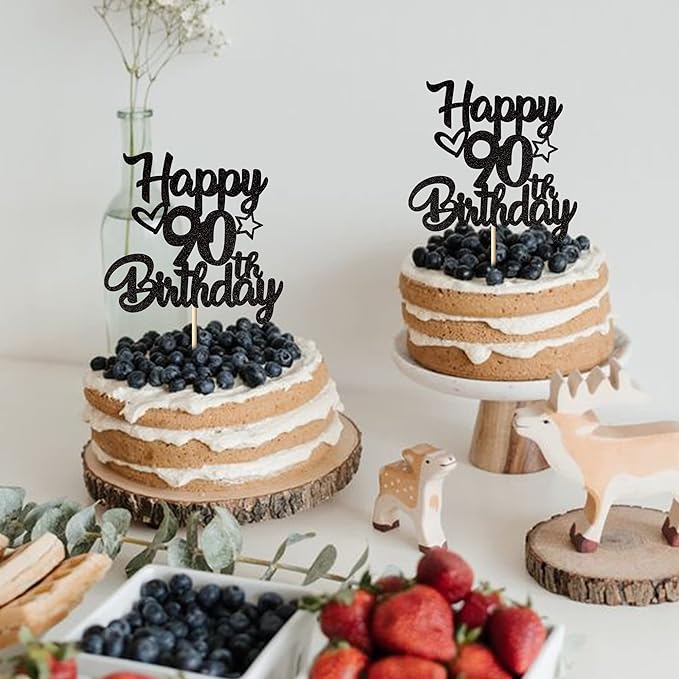 1 Pack Happy 90th Birthday Cake Topper Glitter Heart Star 90 Fabulous Cake Pick Birthday Sign Cake Decorations for Children 90th Birthday Theme Party Supplies Black
