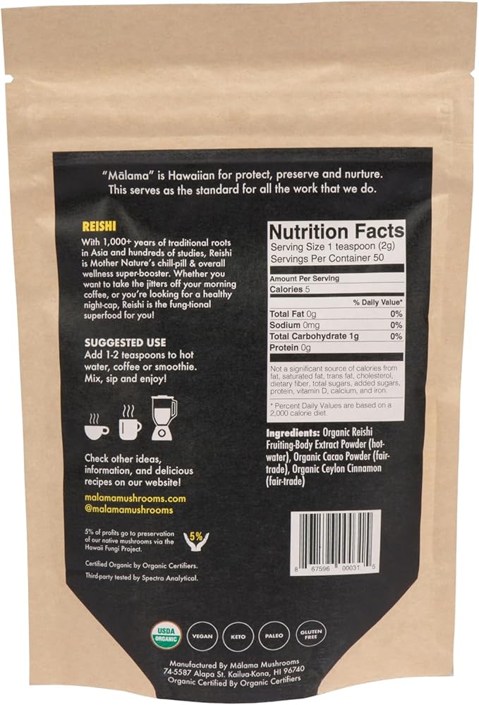 Malama Organic Mushroom Hot Cacao Mix, Reishi Mushroom Powder with Fair Trade Cacao for Immune Support & Relaxation ??Vegan Supplement & Superfood, Non GMO, 3.5 oz (50 Servings)