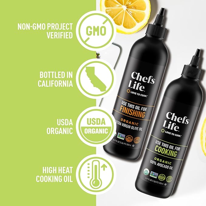 Chefs Life Organic Cooking Oil & Finishing Oil 2 Pack - Extra Virgin Olive and Avocado Oil, EVOO, Gift Set for Dipping, Dressing, Cooking, Single Origin, Non GMO - 16.9 Fl Oz (2 Bottle Gift Set)