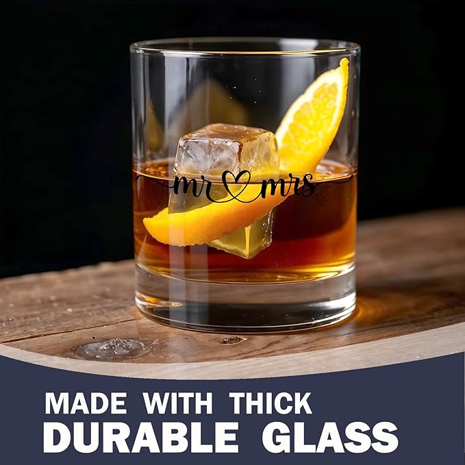 Mr and Mrs Whiskey Glasses 10 oz, Bridal Shower Wedding Engagement Bachelorette Gifts, Newlywed Gifts Old Fashioned Rocks Glasses for Couples Drinking Scotch Bourbon Cocktail Liquor Vodka