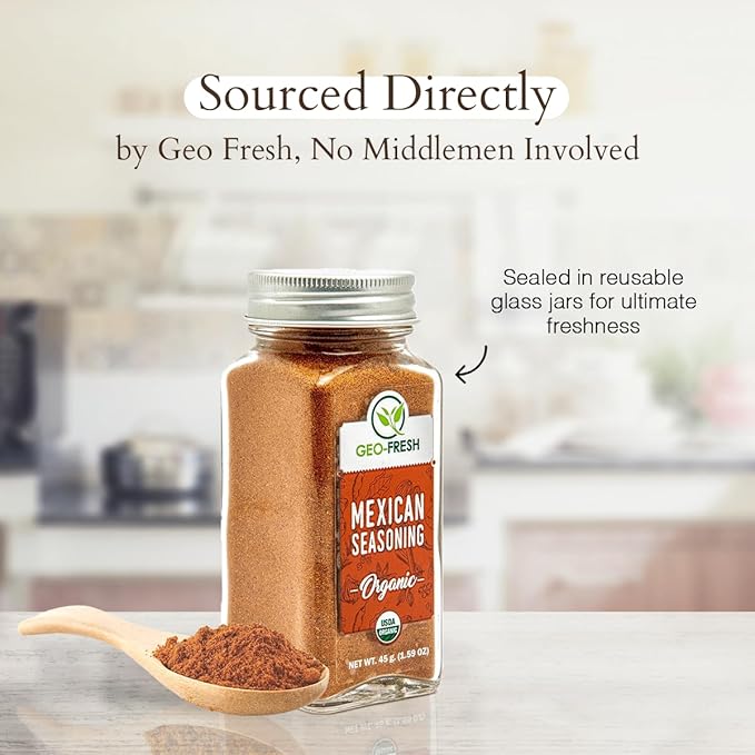 Geo-Fresh Organic Mexican Seasoning, 1.59 oz (45g), Taco Seasoning, Non-GMO, Kosher, 100% Organic Herbs, Chilli Powder, Onion Powder, Black Pepper, Cumin, Oregano, Garlic, Sugar, and Salt, USDA Certified