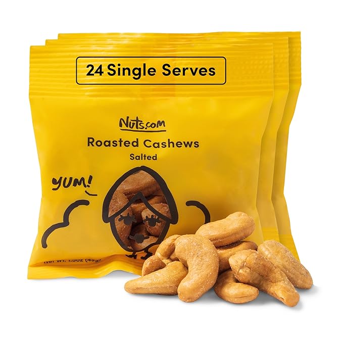 Nuts.com ??Roasted Cashews (Salted Single Serve) ??Creamy & Savory Flavor, Healthy Snack for Adults & Kids, Good Source of Protein, Fiber, Calcium, Iron & Healthy Fats ??Vegan & Gluten-Free ??24 Pack