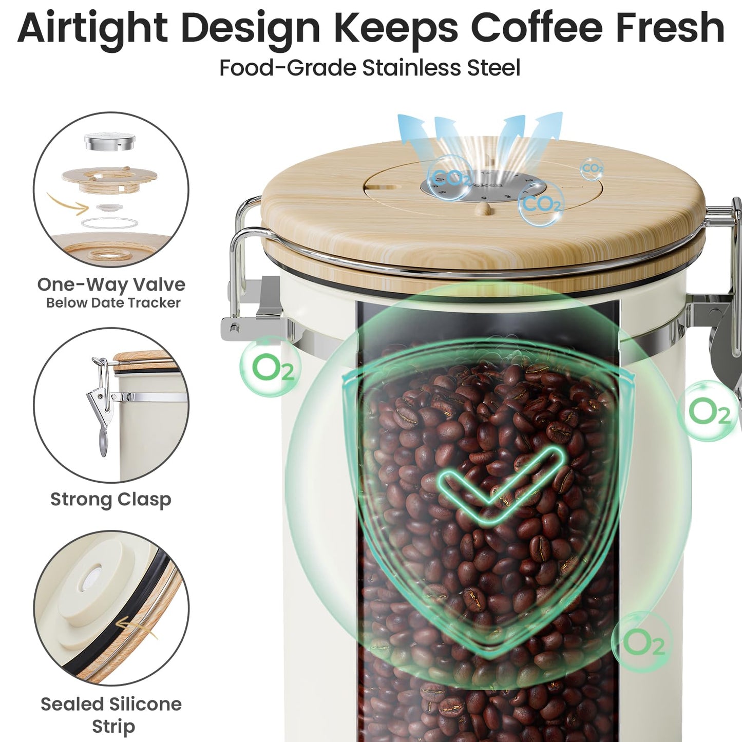 Veken Coffee Canister with Window, Airtight Stainless Steel Container, 22OZ