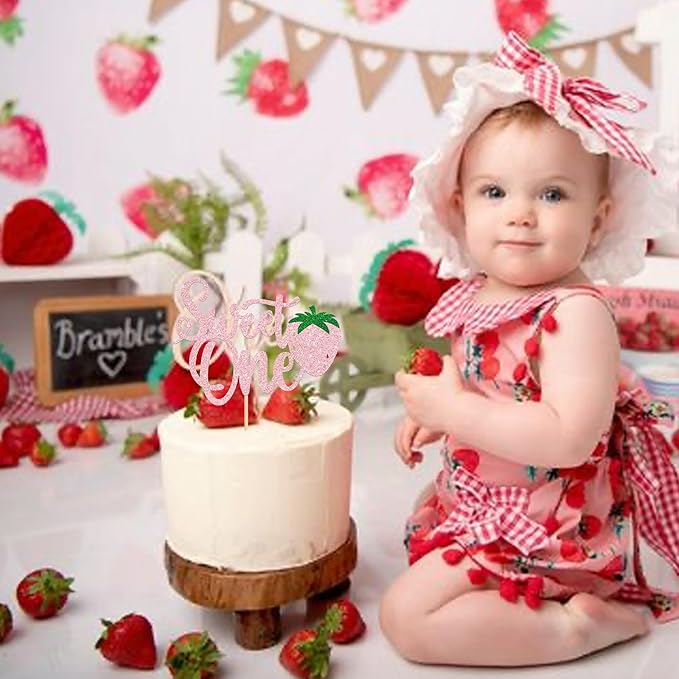1 Pack Sweet One Cupcake Topper Glitter First Birthday Strawberry Cake Pick for Fruit Baby Shower 1st Birthday Berry Sweet Cake Decorations For Birthday Party Supplies Pink