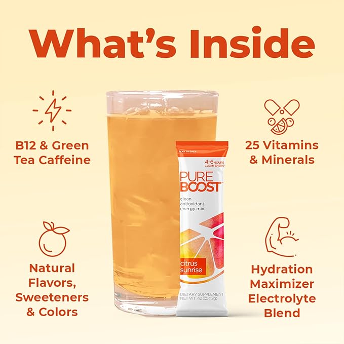 Pureboost Clean Energy Booster, Refreshing Energy Drink Mix with B12 Vitamins, Electrolytes