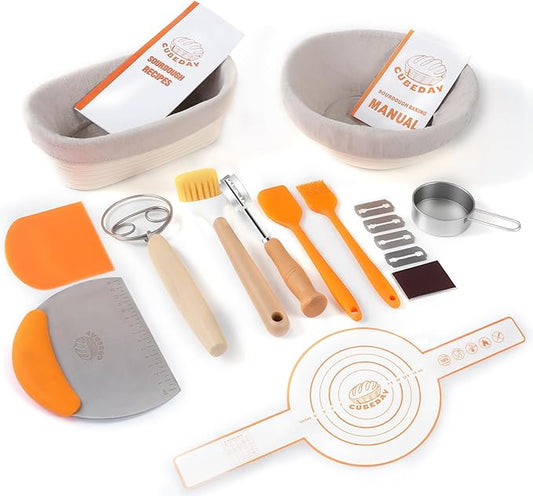 Banneton Bread Proofing Basket,Sourdough Bread Baking Supplies,Sourdough Starter Kit with 9" Round & 10" Oval Proofing Basket, Sourdough Kit, Banneton Gift Set, Bread Making Tools 15PCS SET