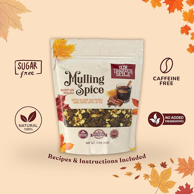 Olde Tradition Mulling Spices for Apple Cider, Mulled Wine Spices Kit, 4oz Traditional Mulled Spice Mix with Muslin Bag for Steeping Stovetop Simmer Pot Hot Toddy Tea Christmas Glühwein Holiday Drink