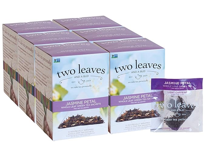 Two Leaves and a Bud Jasmine Green Tea Bags, 15 Count (Pack of 6) Whole Leaf Green Tea in Pyramid Sachet Bags, Compostable Sachets, Delicious Hot or Iced with Milk or Sugar or Honey or Plain