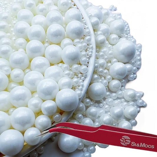 SE Si&Moos White Edible Pearls White Pearl Sprinkles for Cake Decorating Edible Cake Sugar Pearls Halloween Christmas Cookie Decorations Edible Cake Decorations for Cakes,Cupcakes Toppers 3.5 OZ with Tweezers