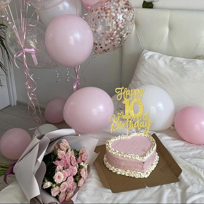 1 PCS Happy 10th Birthday Cake Topper Glitter Cheers to 10 Years Birthday Cake Pick Ten 10 Fabulous Cake Decoration for Happy 10th Birthday Anniversary Theme Party Decorations Supplies Gold