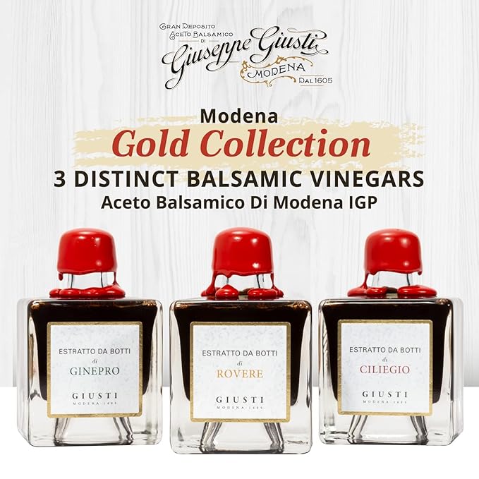 Giusti Italian Balsamic Vinegar Gift Set ??Gourmet Collection of 3 Aceto Balsamico di Modena-Based Condiments, Matured in Single Wood Barrels: Oak, Juniper, and Cherry - 3 x 1.69 fl oz (3 x 50 ml)