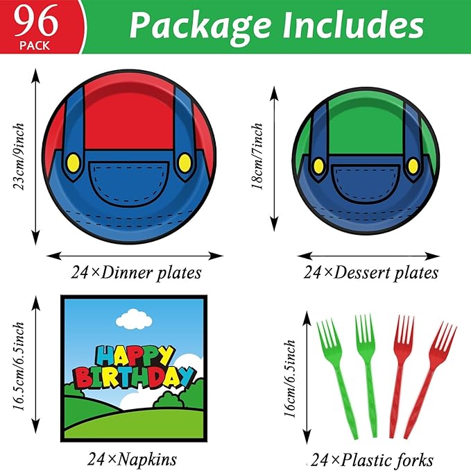96 Pcs Super Brother Party Supplies Set Super Brother Plates Super Video Games Tablewear and Napkins Forks Super Bros Birthday Party Decorations for Kids Baby Shower Serves 24