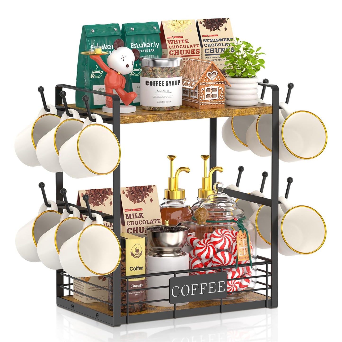 EsLuker.ly Coffee Mug Cup Holder Tree Bar Station Organizer, 2 Tier Mug Stand Rack for Countertop
