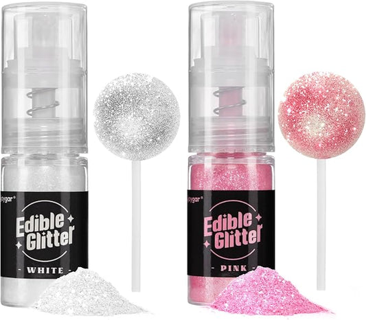 Sujoygar Edible Glitter Spray 2 Colors, White and Pink Edible Glitter for Cocktails, Shimmer Powder Luster Dust Edible for Cake Drink Strawberrie Cupcake Cookies Wedding Baking Decoretion, Vegan(5g/Bottle)