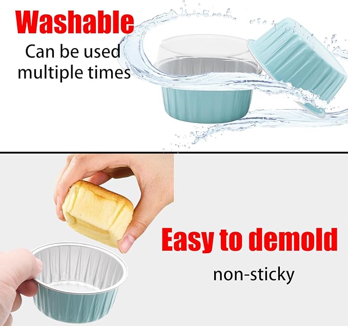 100 Pack 4.2oz Aluminum Cups with Lids Mini Flan Containers with Lids Cupcake Baking Cups, Blue