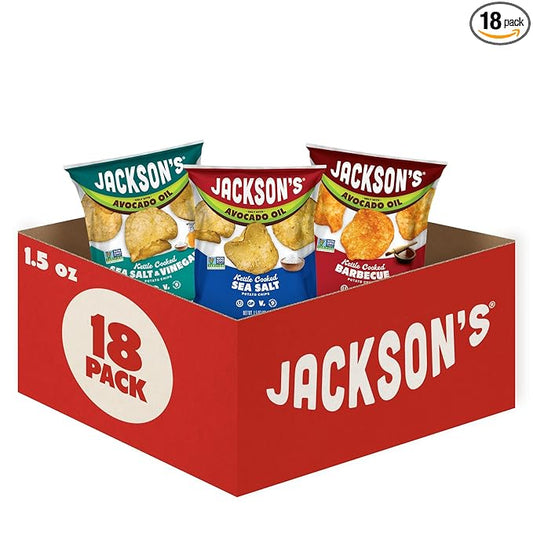 Jackson?™s Classic Kettle Potato Chips (Variety Pack, 1.5 oz, Pack of 18) - Made with Premium Avacado Oil, Sea Salt, Salt & Vinegar and BBQ Flavors - Allergen-friendly, Gluten Free, Vegan